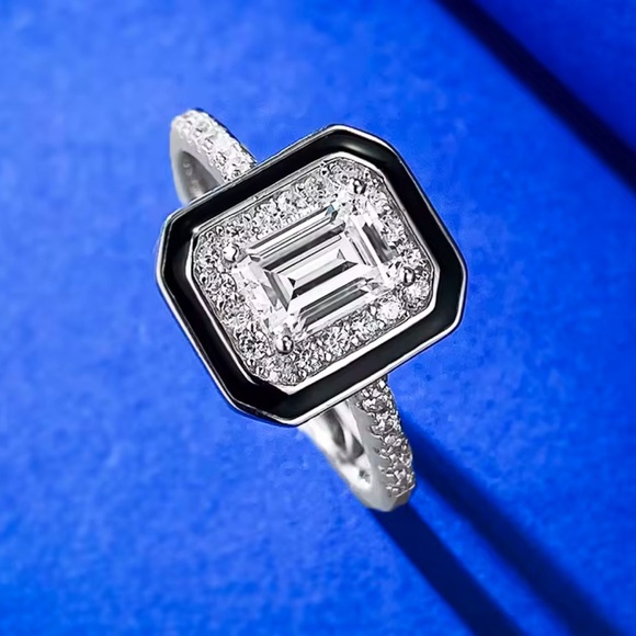 S925 Sterling Silver Black Enamel Square Cubic Zirconia Ring Statement Piece - Picture 3 of 12